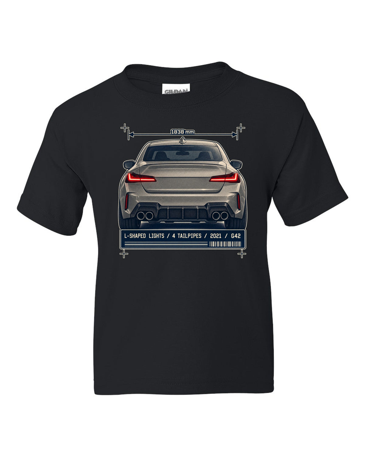 BMW M240i G42 rear taillight and tailpipe macro print black kids tee front view with the design
