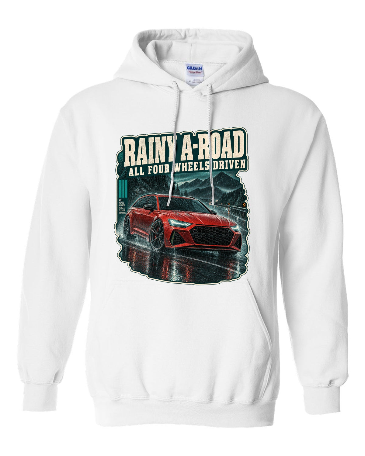 Rainy night road scene with an Audi RS6 Avant C8, all-wheel-drive caption white pull over hoodie front view with the design