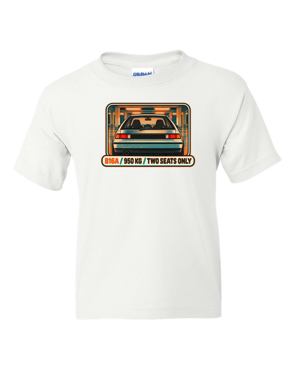 Grunge stencil print of a Honda NSX-R with No A/C No Stereo lettering white kids tee front view with the design