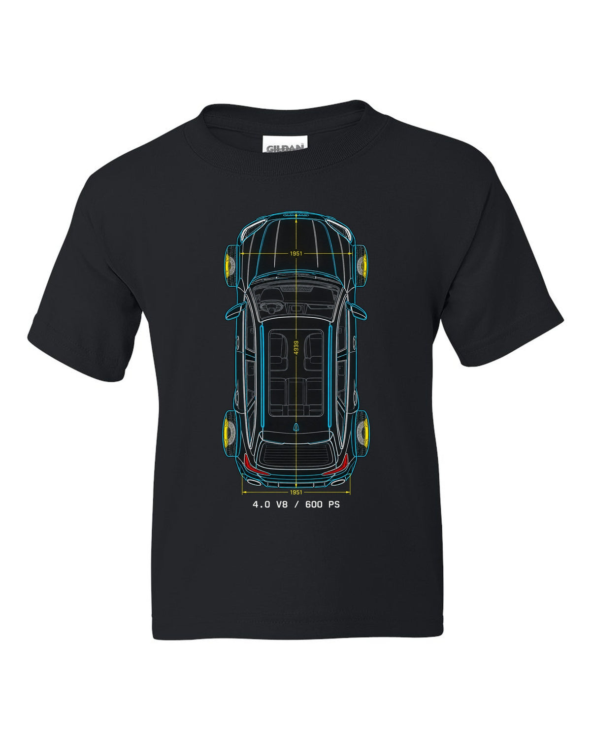 Top-down technical blueprint design of the Audi RS6 Avant C8 with 4.0 V8 and 600 PS lettering black kids tee front view with the design
