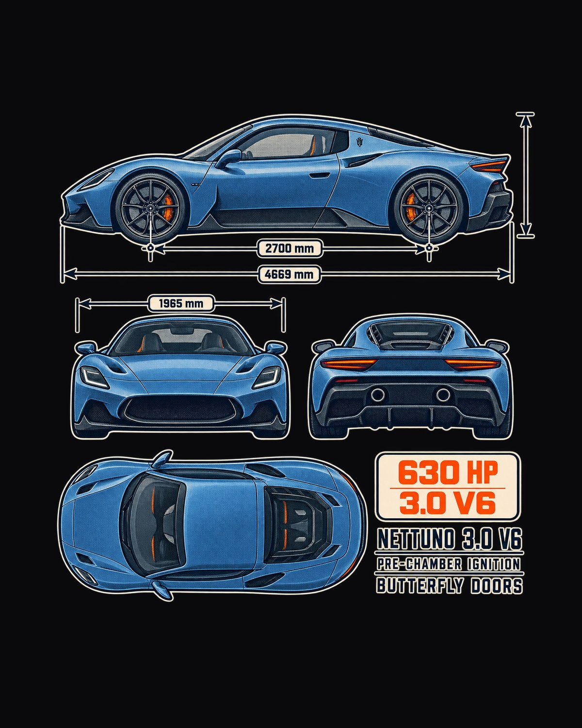Maserati MC20 Dimension Blueprint Shirt, Nettuno V6 Gift design only
