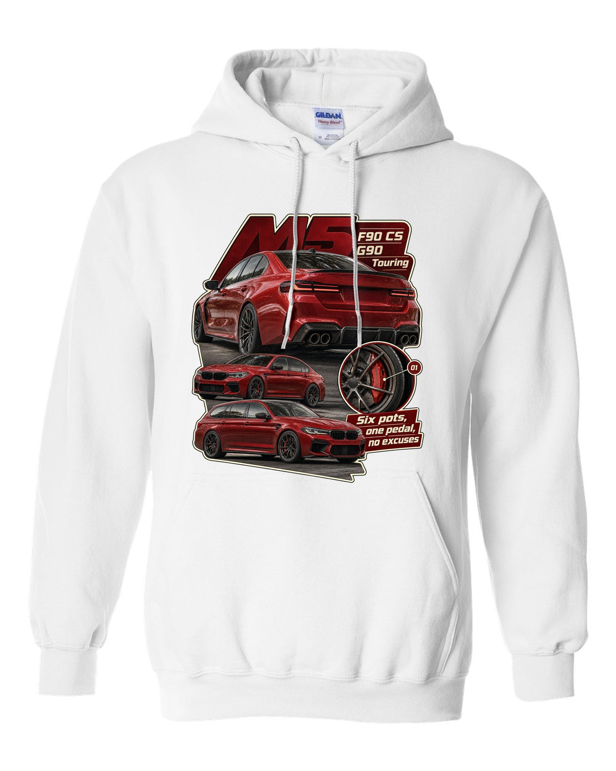 BMW M2 G87 in Toronto Red taillight macro print with six pots one pedal caption white pull over hoodie front view with the design