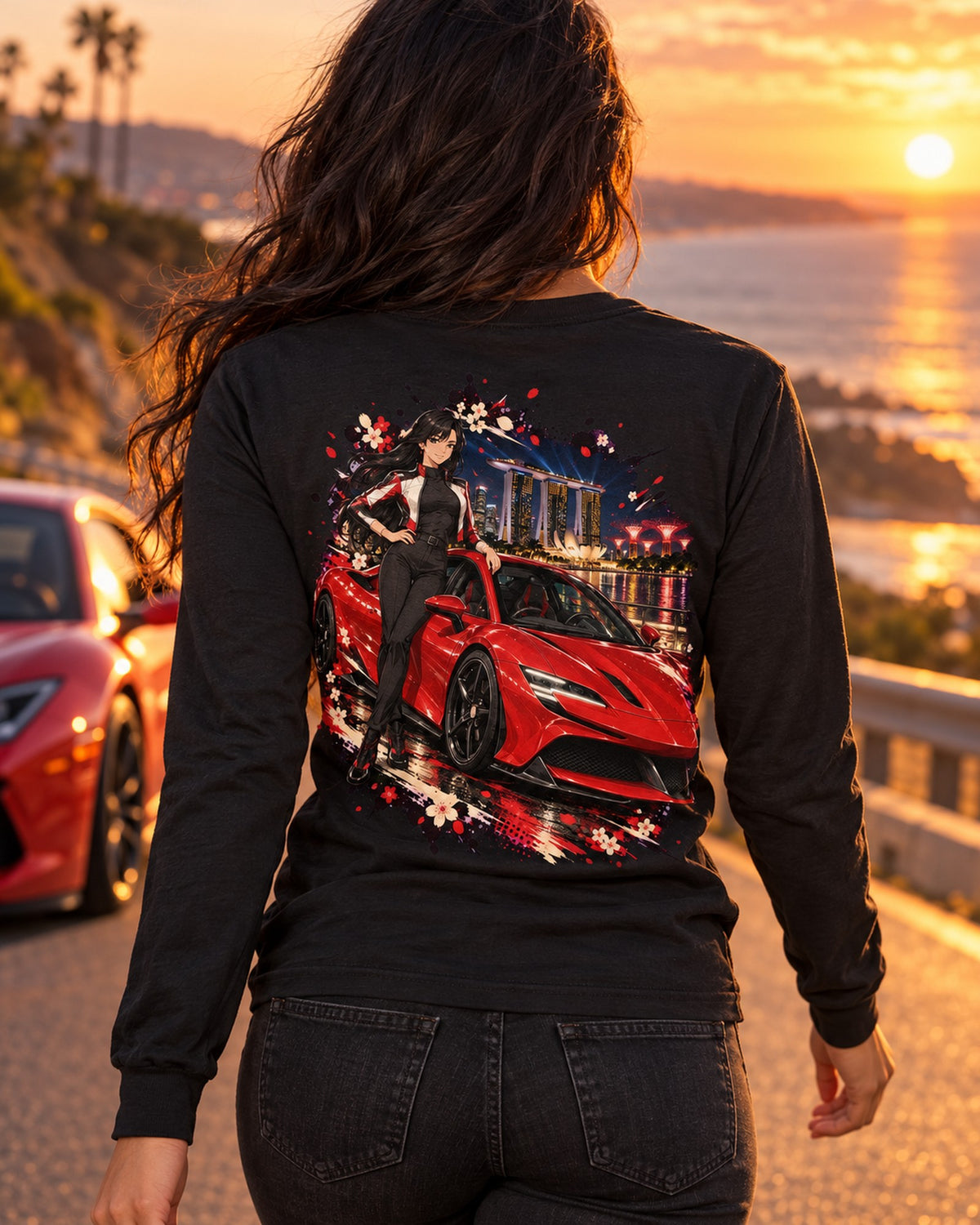 Ferrari SF90 Anime Girl Shirt, Hoodie & More Long Sleeve Black worn hero