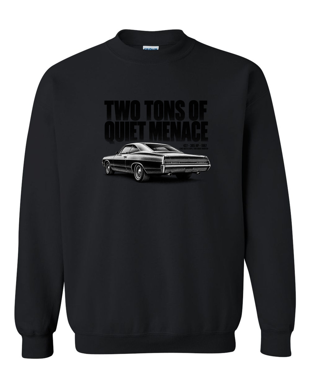 1967 Impala SS 427 two-door hardtop halftone print with 385 HP text black crewneck front view with the design