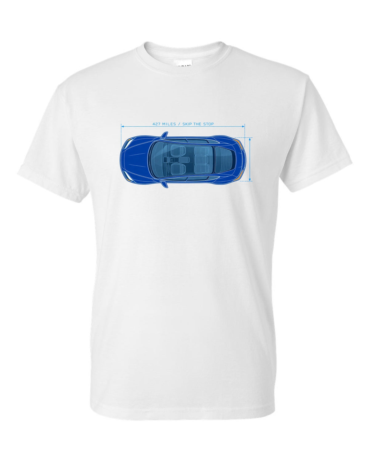 Lucid Air Sapphire white and cyan blueprint print with the text 427 miles skip the stop white t-shirt front view with the design