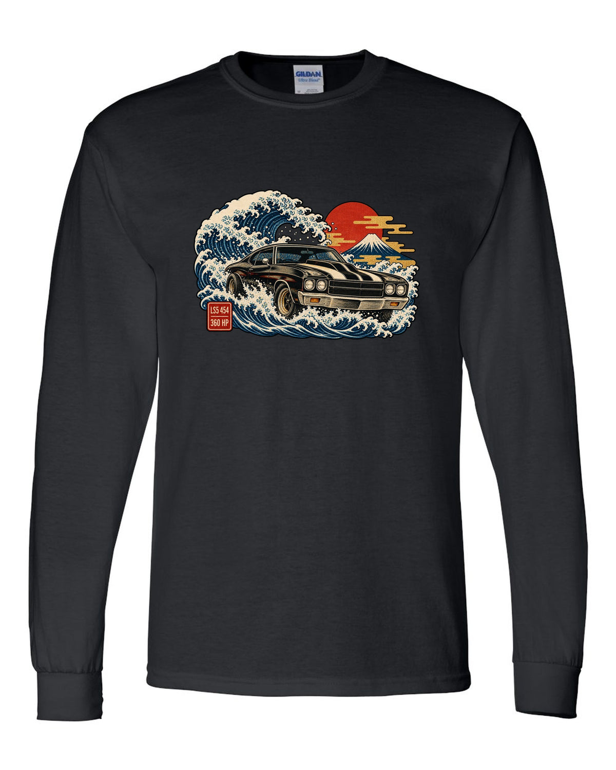 1970 Chevelle SS on a great wave in ukiyo-e woodblock style with text LS5 454 360 HP black long sleeve front view with the design