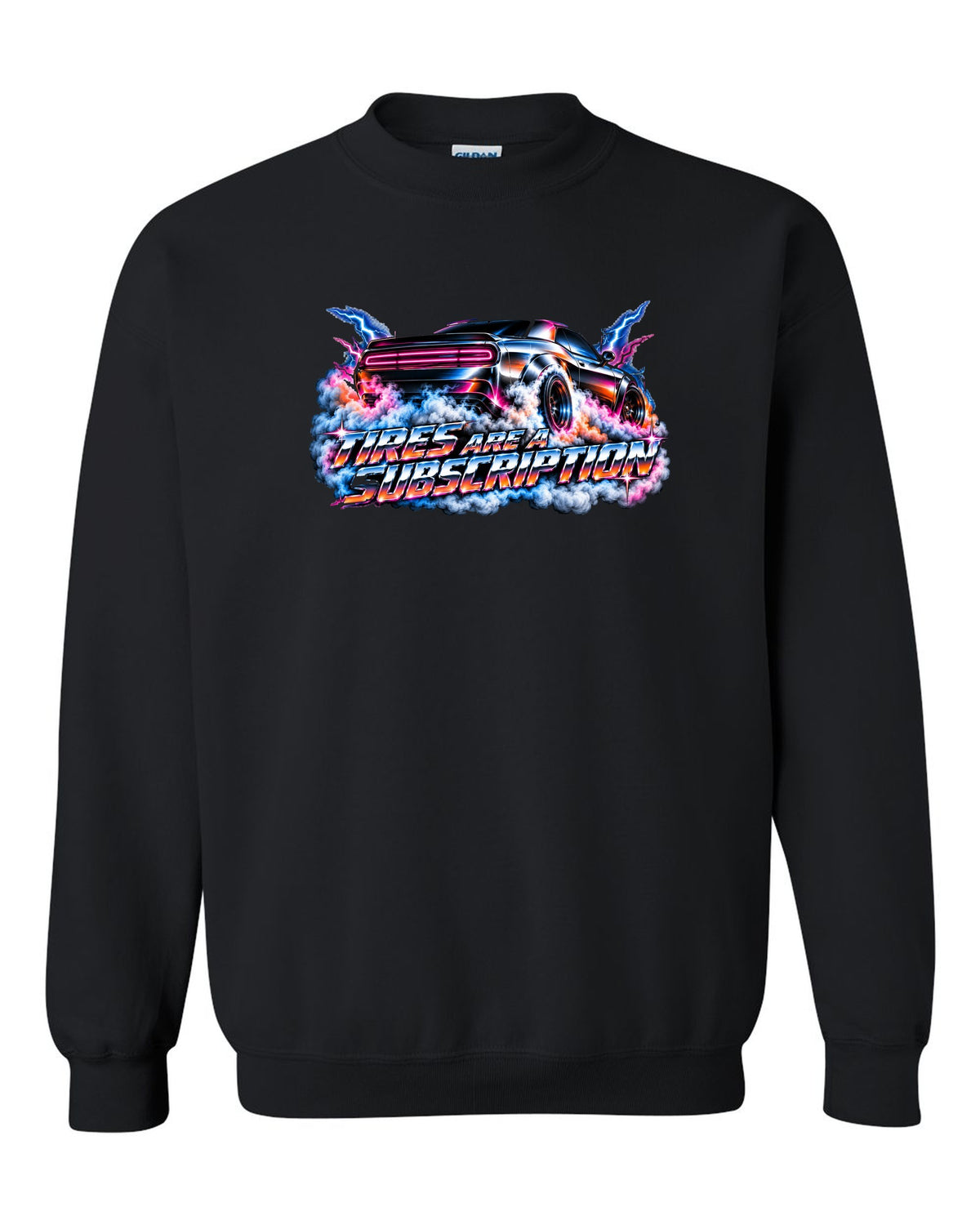 80s airbrush chrome illustration of a 2020 Dodge Challenger Scat Pack 392 Widebody doing a burnout black crewneck front view with the design