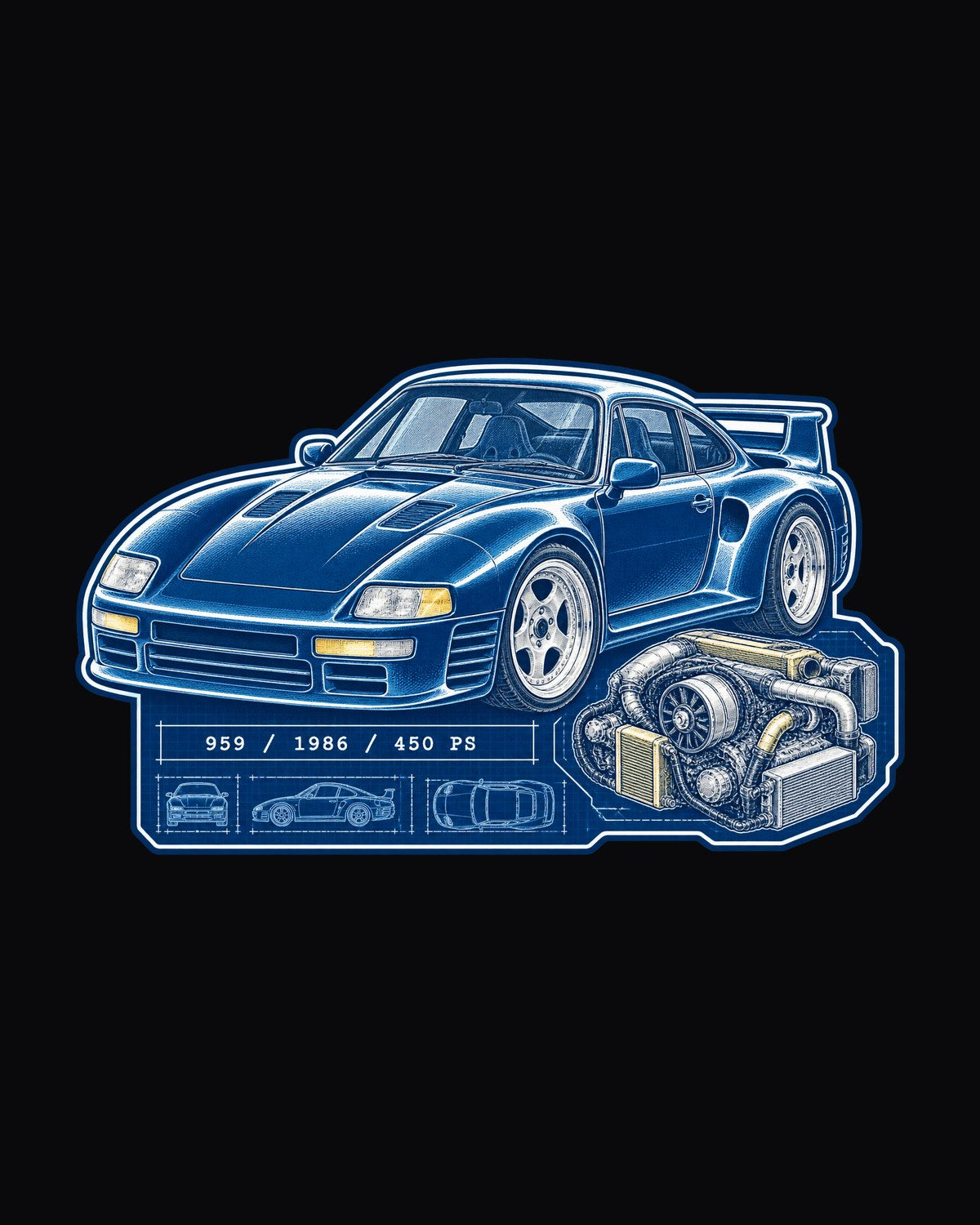 Porsche 959 Cyanotype Blueprint Shirt, 1986 450 PS Supercar design only