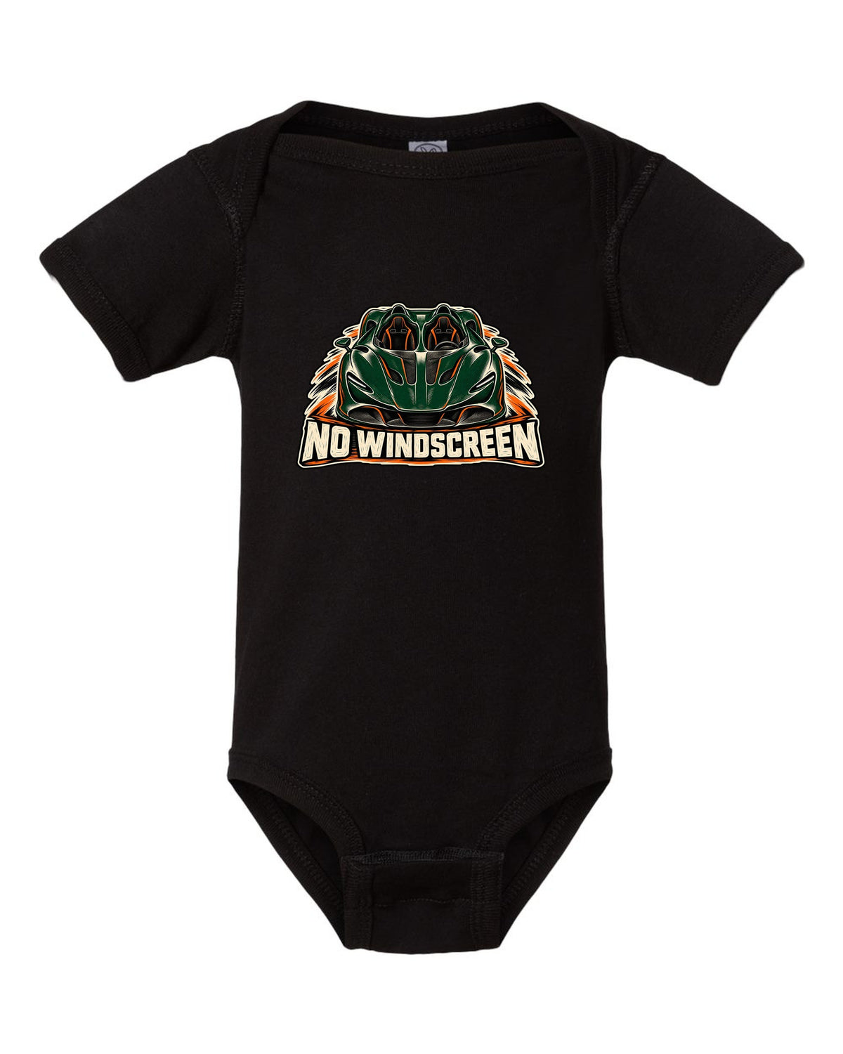 McLaren Elva linocut print with accent colour and NO WINDSCREEN lettering black baby onesie front view with the design