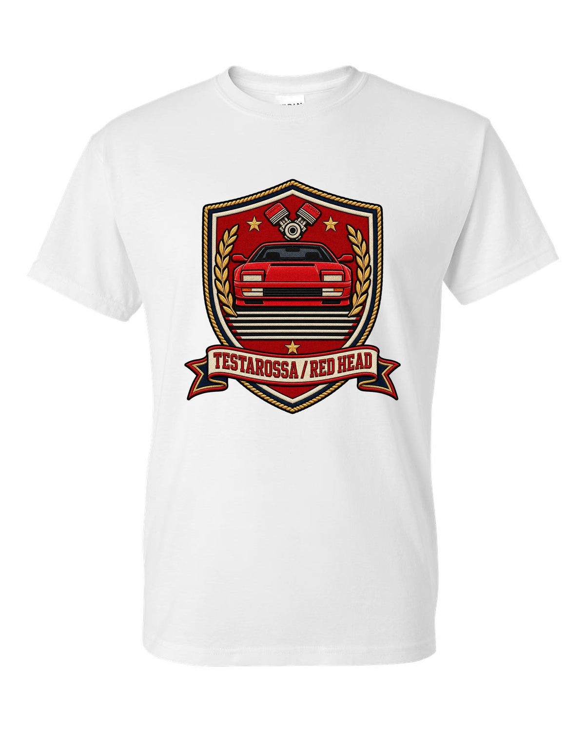 Shield crest layout for the 1984 Ferrari Testarossa with red head text white t-shirt front view with the design