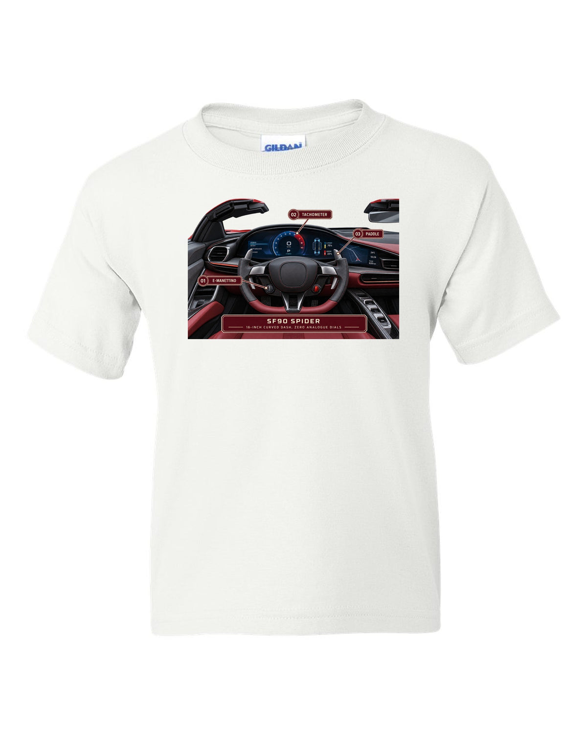 Ferrari SF90 Spider cockpit gauge print with 16-inch curved dash text white kids tee front view with the design