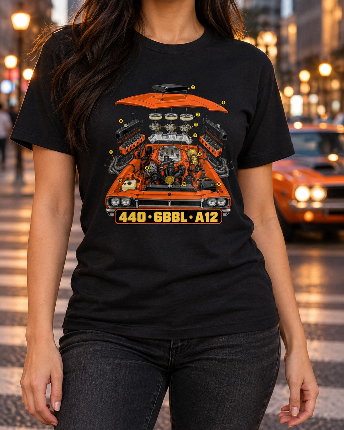 Isometric Six Pack Teardown Tee, 1969 Super Bee A12 440 T-Shirt Black worn hero