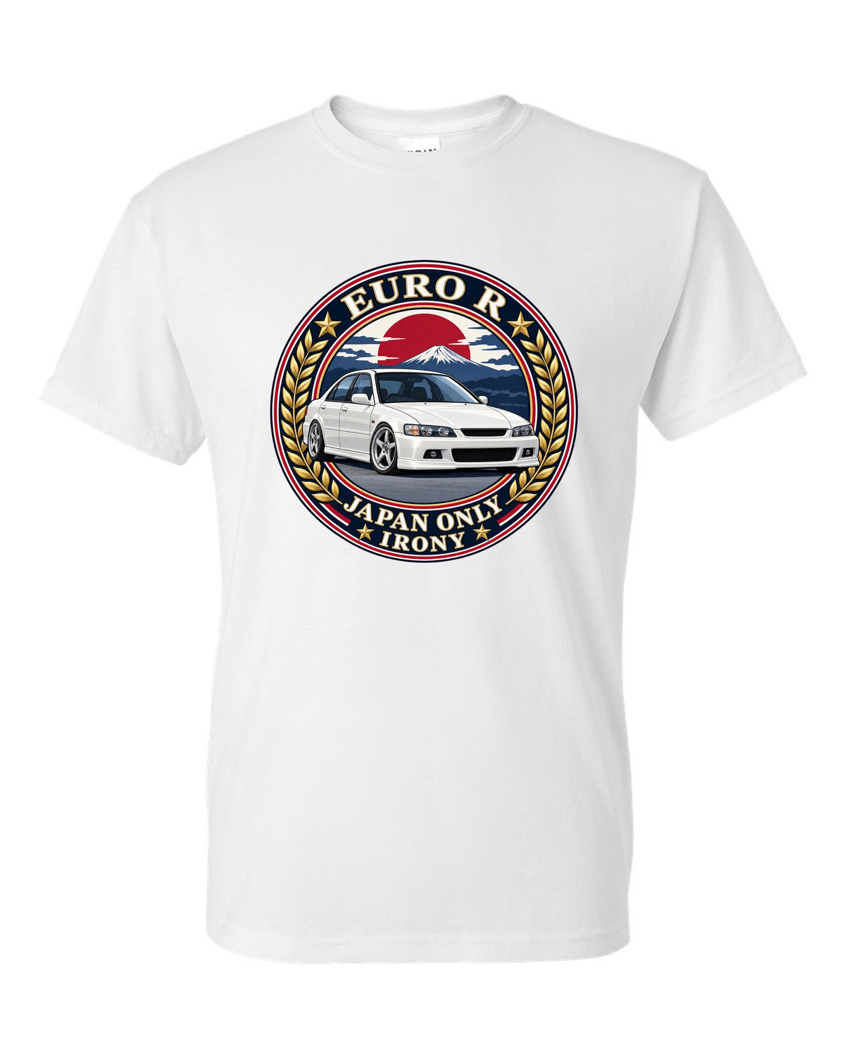 Crest layout print for the Honda Accord Euro R CL1 with Japan Only text white t-shirt front view with the design