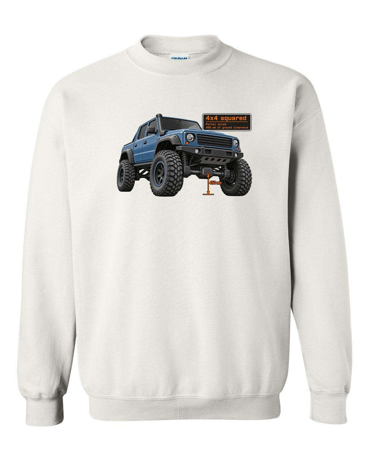 Halftone print of a Mercedes-AMG G63 4x4 squared W463 white crewneck front view with the design