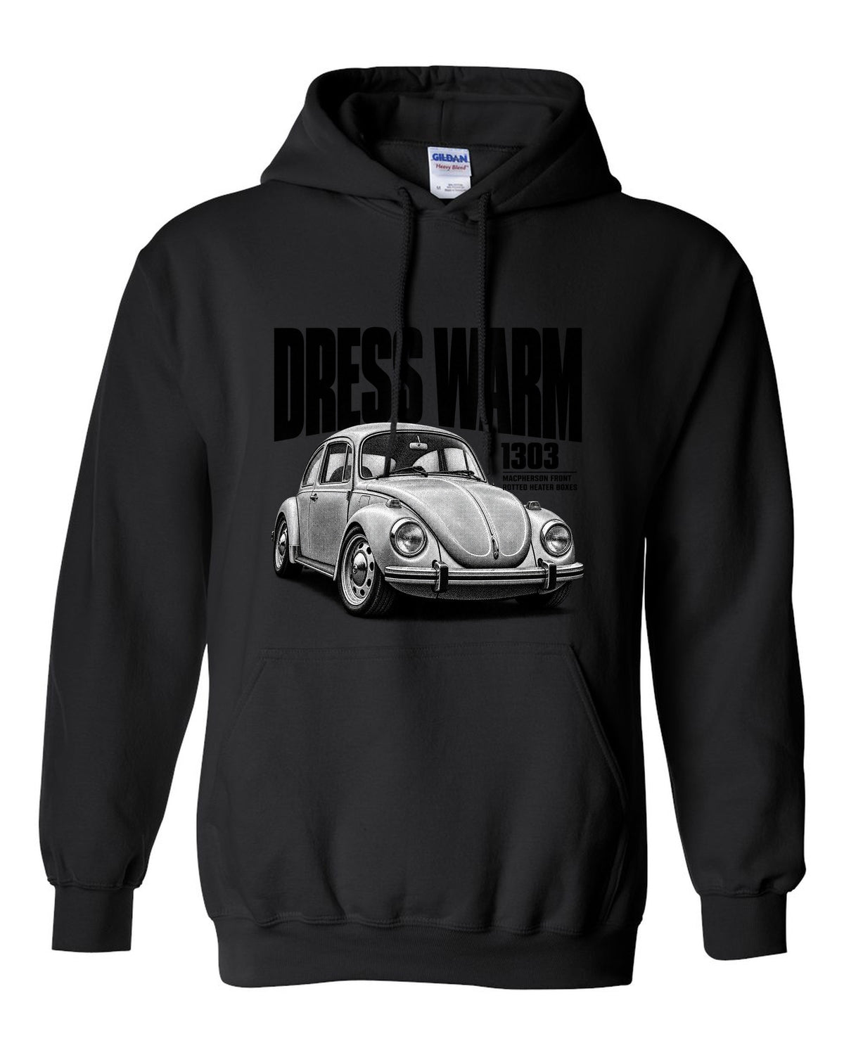 Halftone print of a VW Beetle Type 1 1303 front three-quarter with dress warm text black pull over hoodie front view with the design