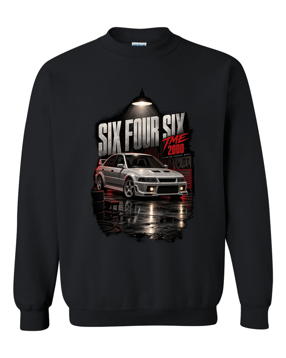 Garage night print for the Mitsubishi Lancer Evolution VI TME CP9A reading Six Four Six, titanium turbine wheel, 2000 black crewneck front view with the design