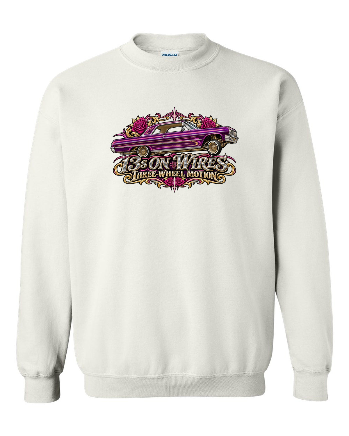 1964 Chevrolet Impala SS lowrider in airbrush style with text 13s on Wires Three-Wheel Motion white crewneck front view with the design