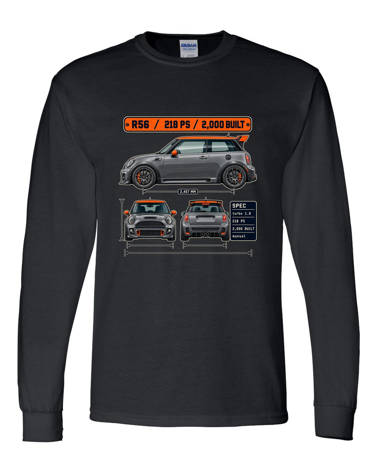 Three-view and spec table print for the Mini JCW GP R56 2012 with 2,000 built text black long sleeve front view with the design