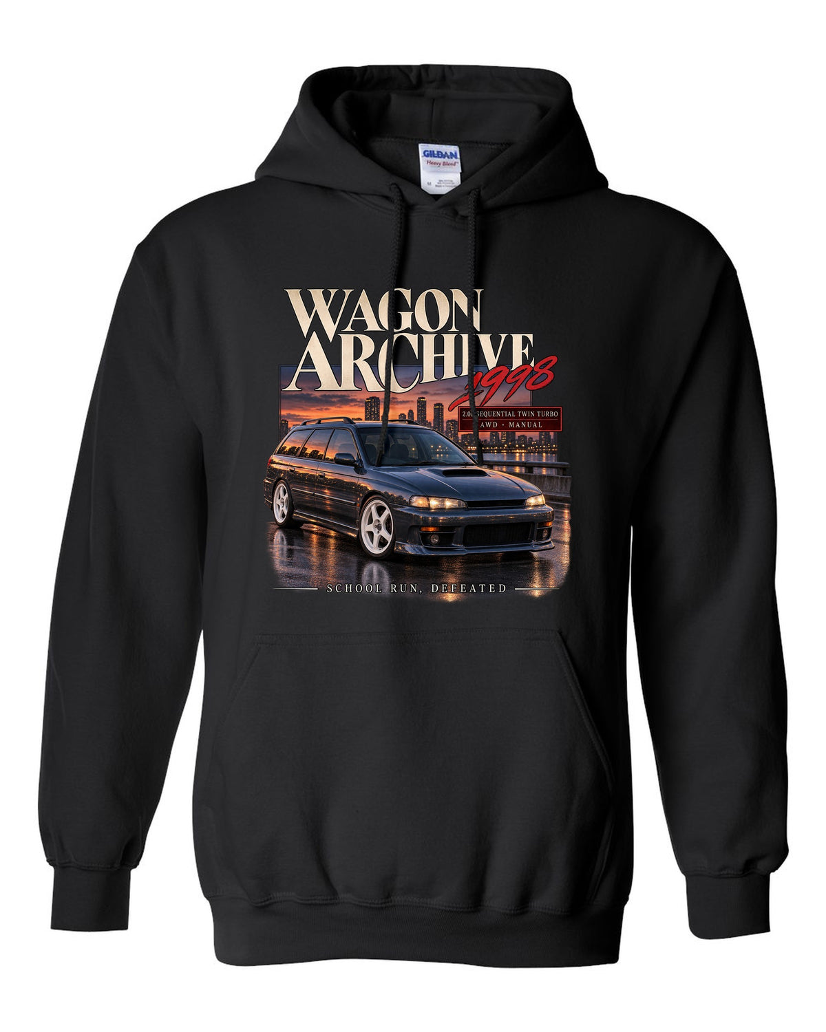 Wagon archive print for the Subaru Legacy GT-B BH5 reading 2.0L sequential twin turbo, school run, defeated black pull over hoodie front view with the design
