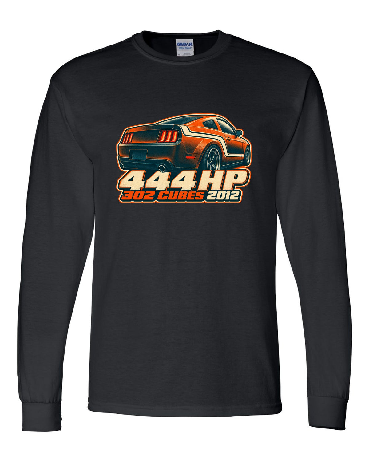 Risograph halftone stripe macro of a 2005-2014 S197 Ford Mustang with 444 HP text black long sleeve front view with the design