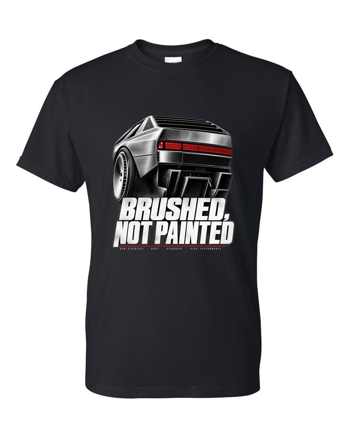 Hyundai N Vision 74 rear three-quarter macro print of pixel taillights black t-shirt front view with the design