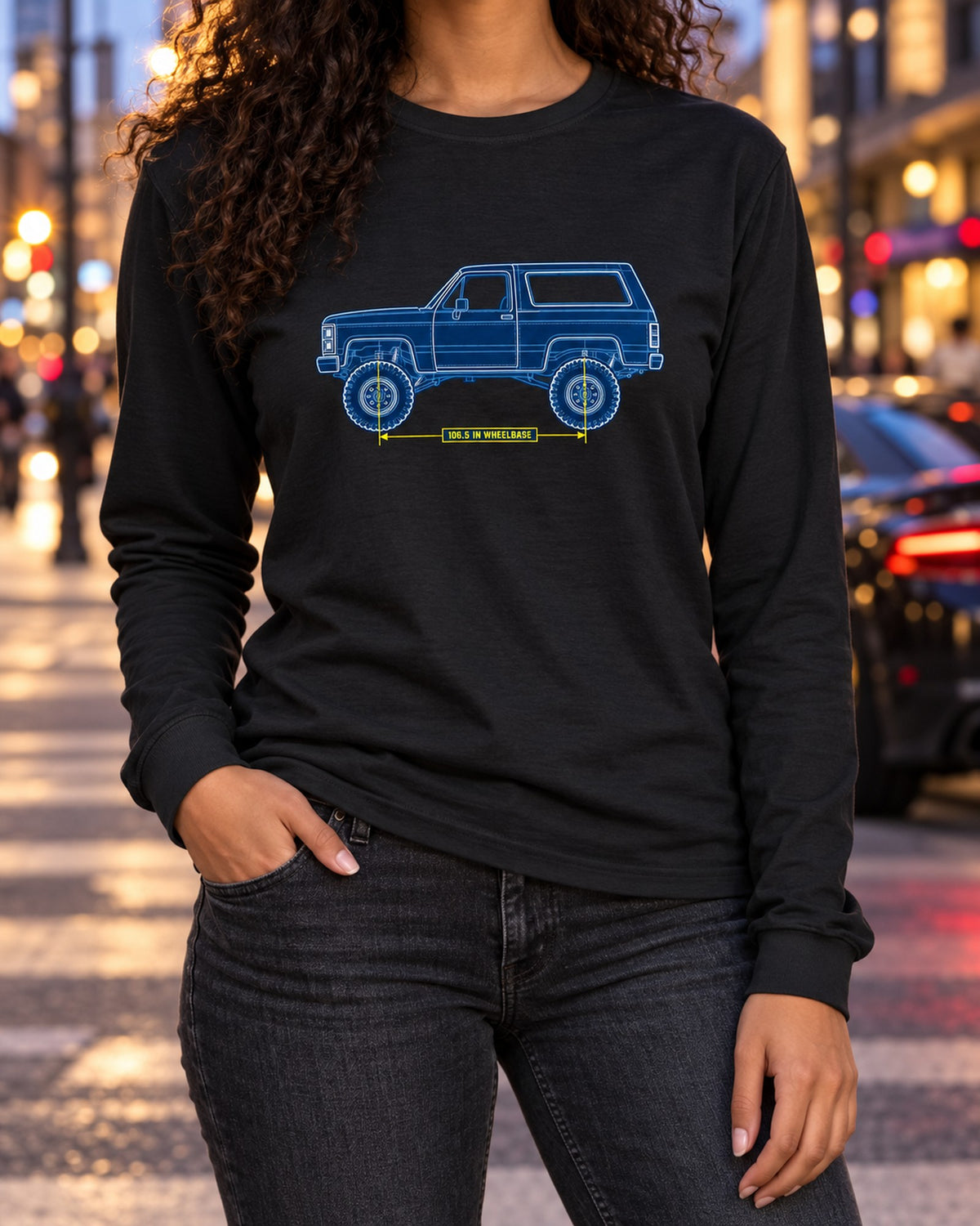 Chevrolet K5 Blazer Blueprint Side View Shirt, Squarebody Gift Long Sleeve Black worn hero