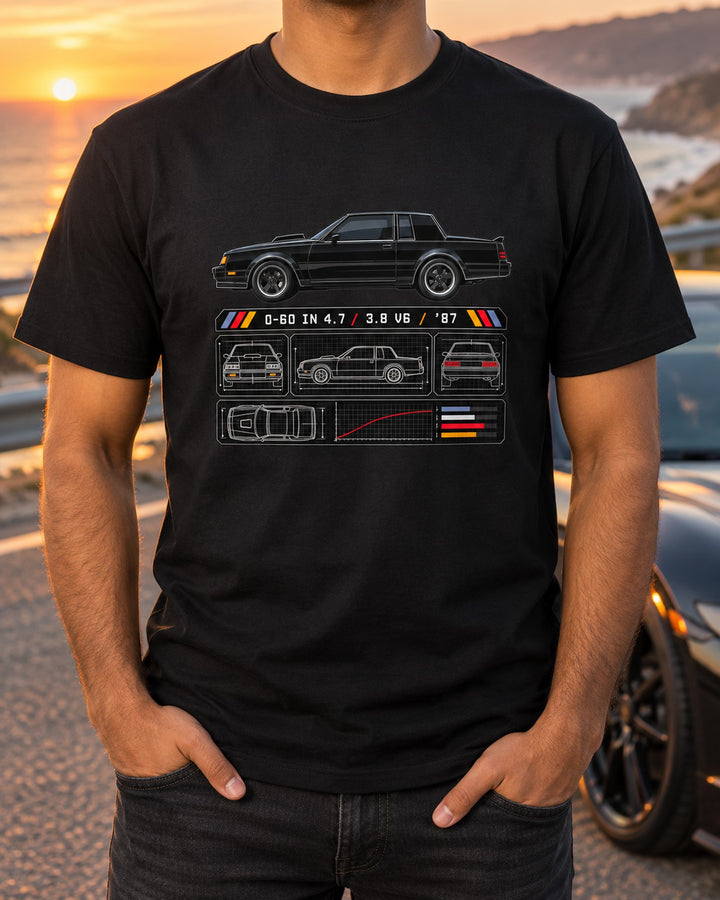 1987 Buick Grand National 0-60 in 4.7 Datasheet Car Shirt T-Shirt Black worn hero