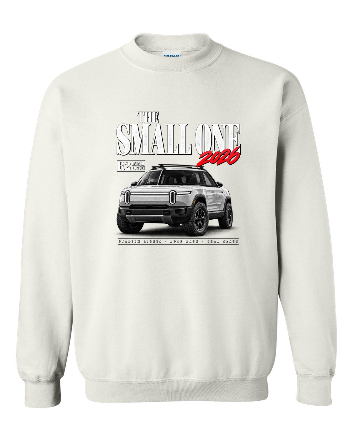 Rivian R2 2026 launch edition editorial headline reading The Small One white crewneck front view with the design