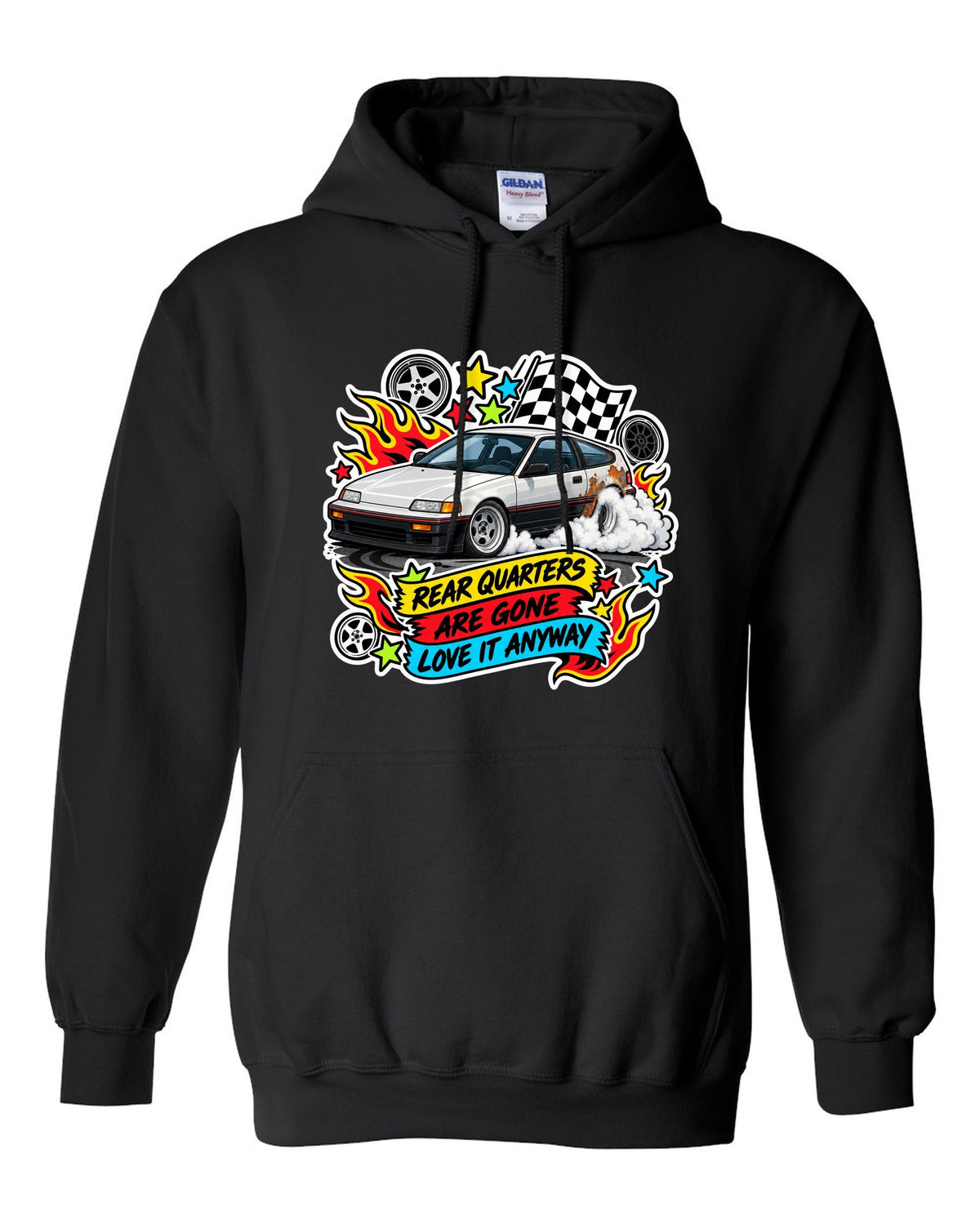 Sticker-bomb collage Honda CRX EF8 print with rusted rear quarters joke black pull over hoodie front view with the design