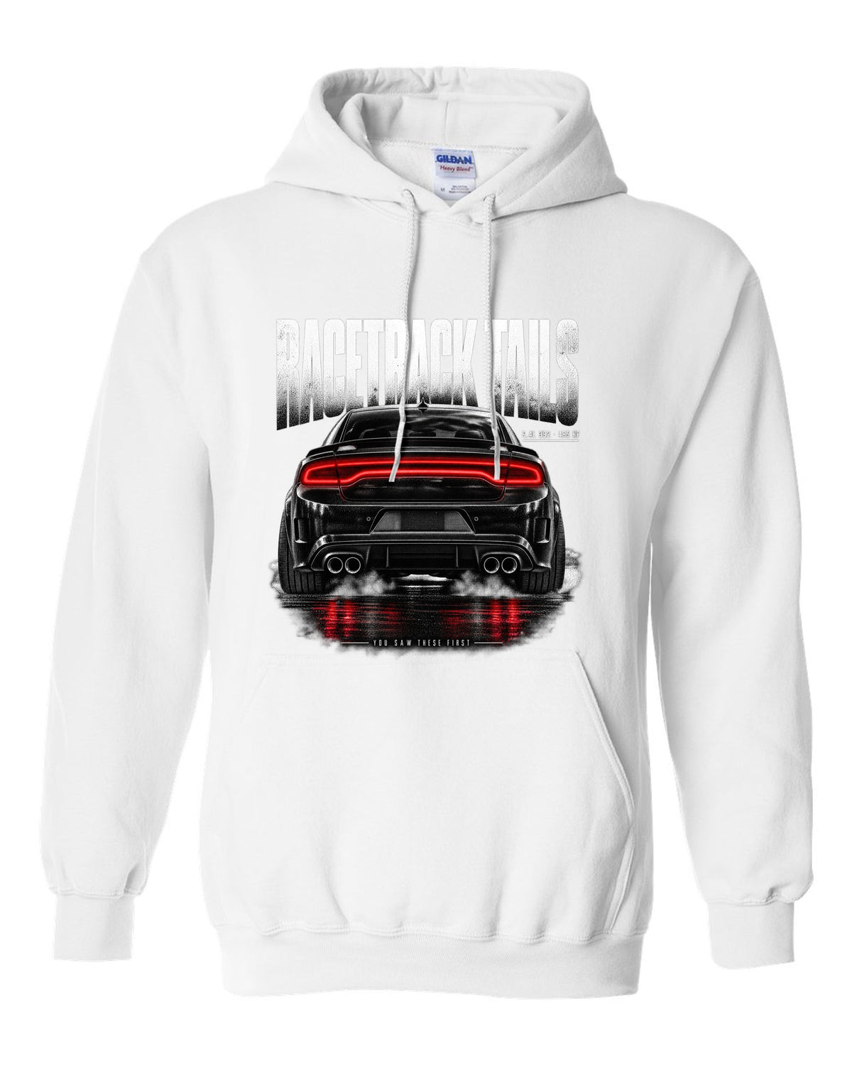 Taillight macro print of a 2016 Dodge Charger Scat Pack LX/LD with 6.4L 392 and 485 HP text white pull over hoodie front view with the design