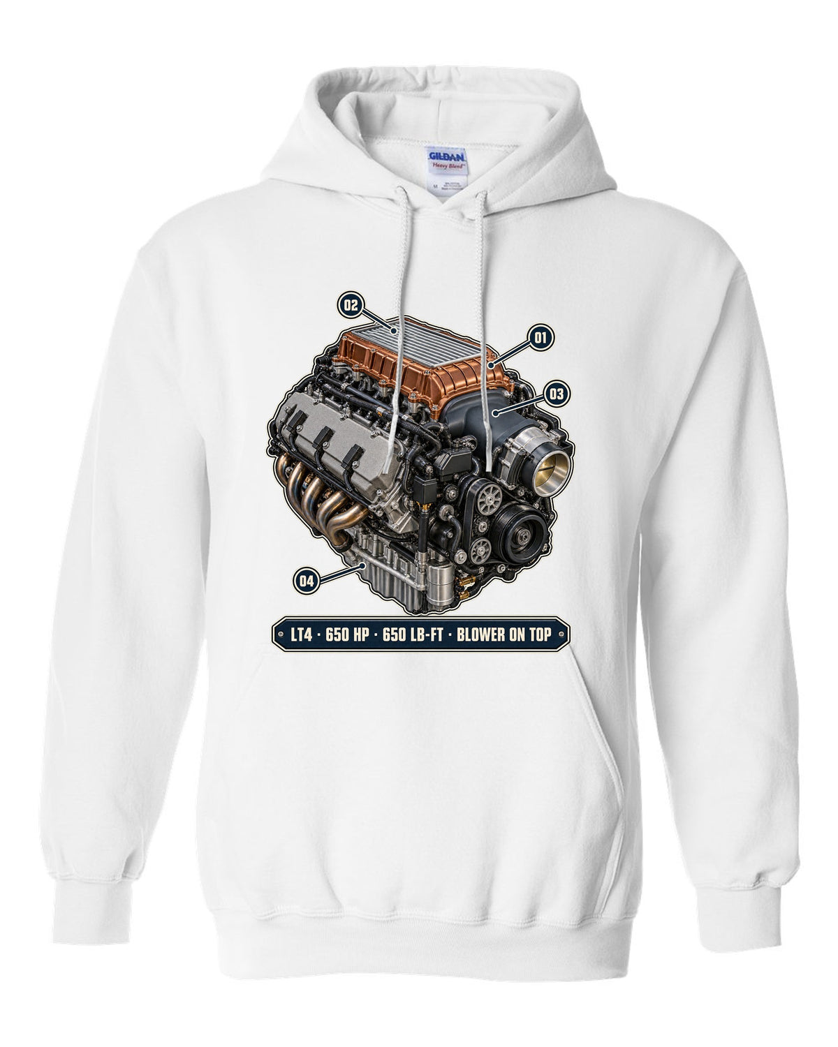 Camaro ZL1 LT4 supercharged engine bay poster print white pull over hoodie front view with the design