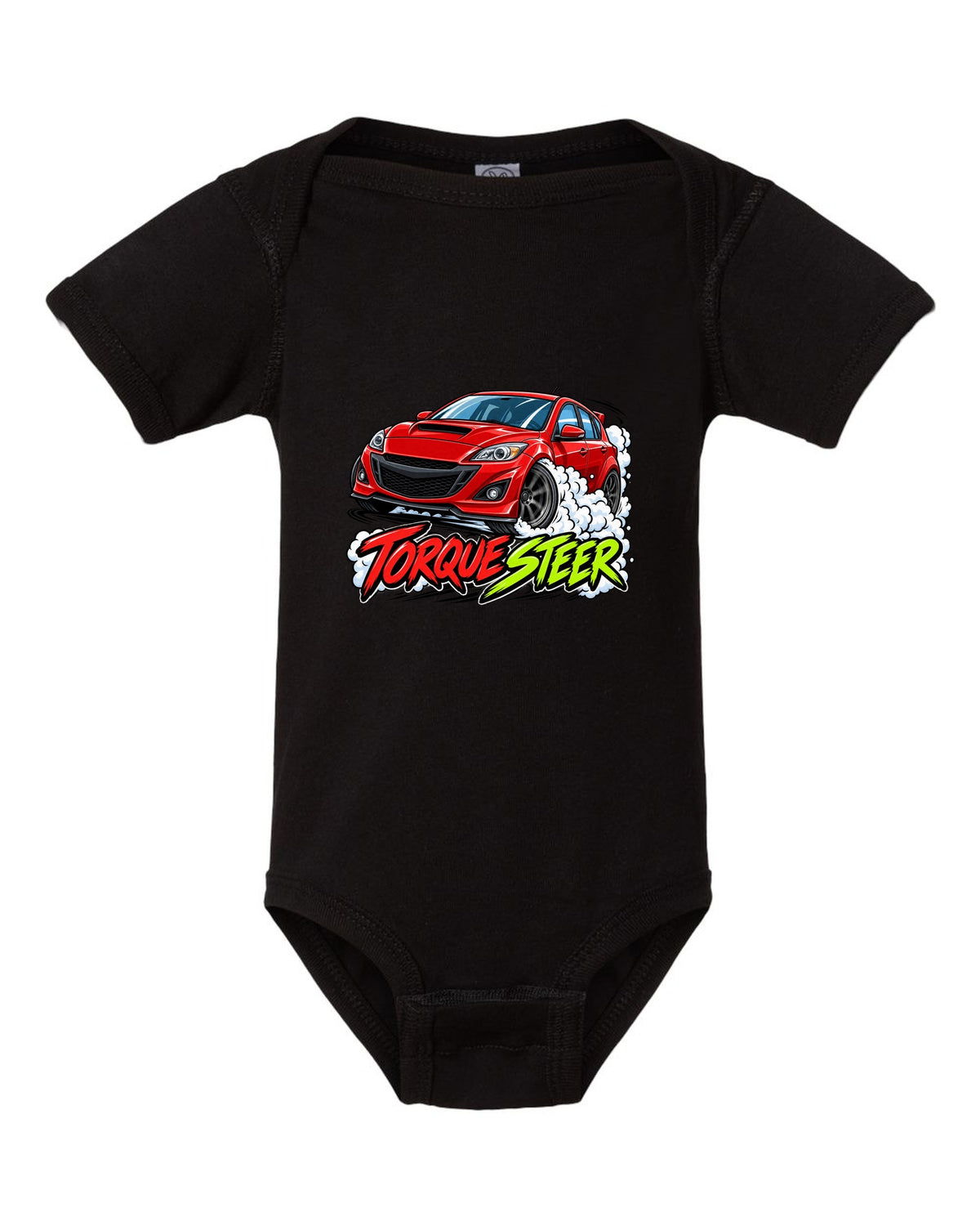 Double-exposure vector design of the Mazdaspeed Miata NB turbo with NB / 178 HP lettering black baby onesie front view with the design