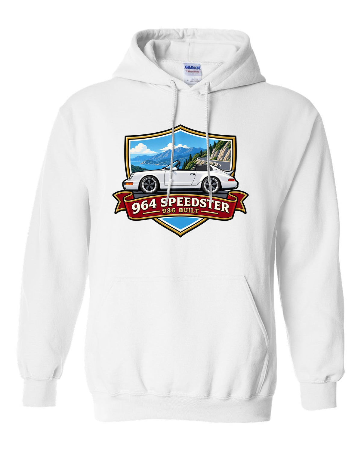 Shield crest design for the Porsche 964 Speedster with 936 built lettering white pull over hoodie front view with the design