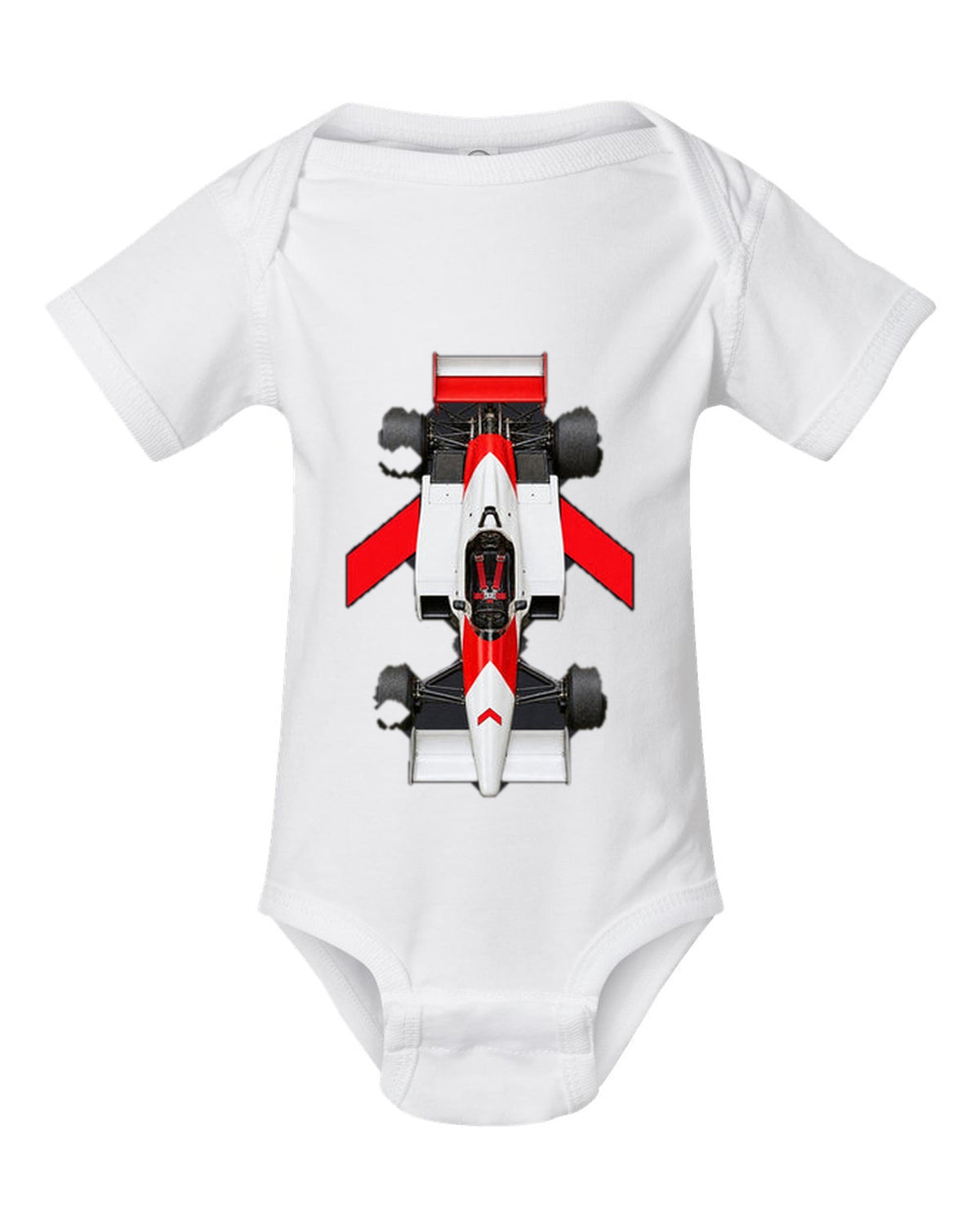 Mclaren MP4 1 1981 Formula 1 overhead poster artwork white baby onesie front view with the design