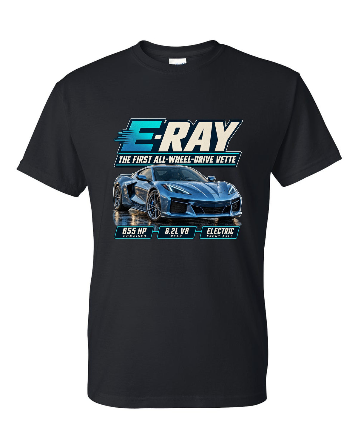 Editorial headline print of a Chevrolet Corvette C8 E-Ray, the first all-wheel-drive Vette black t-shirt front view with the design