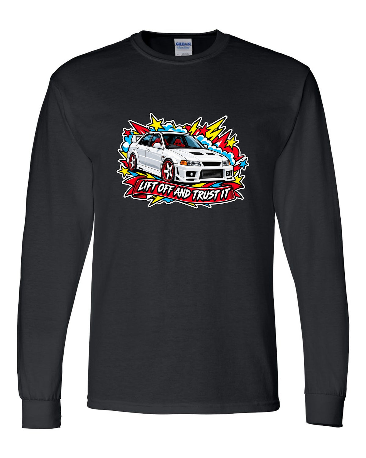 Sticker-bomb collage print for the Mitsubishi Evo VI CP9A with the text lift off and trust it black long sleeve front view with the design