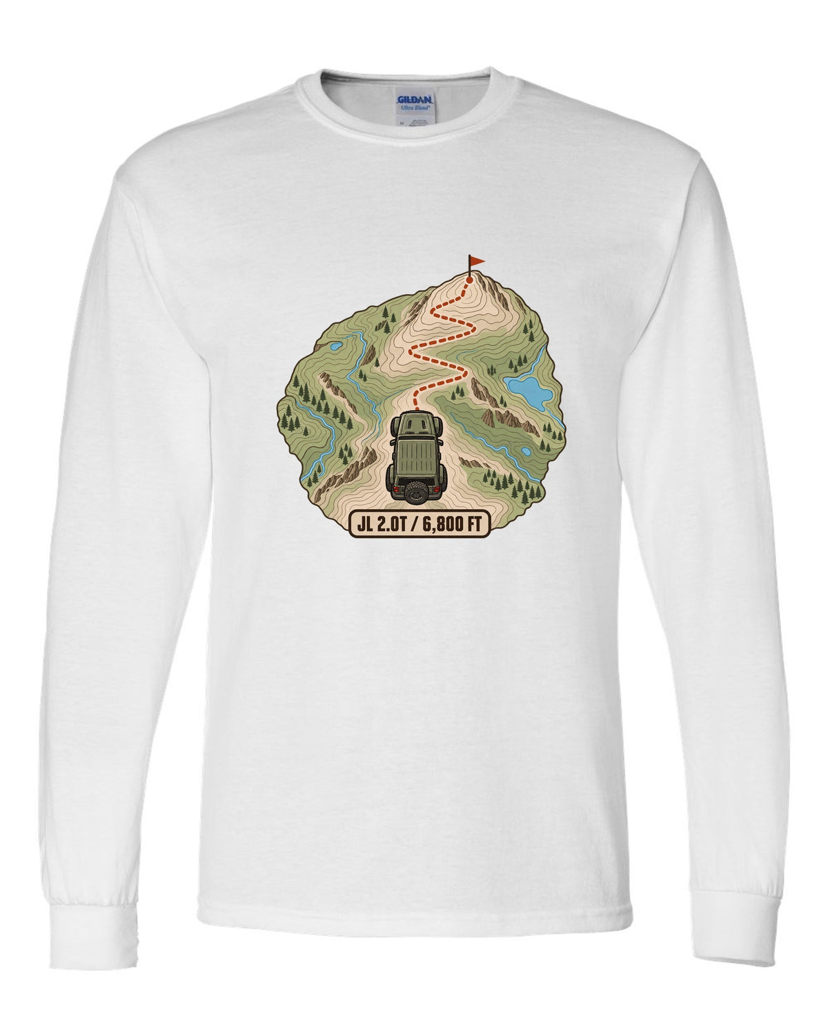 Jeep Wrangler JL 2.0T topographic contour map design with route line and 6,800 ft text white long sleeve front view with the design