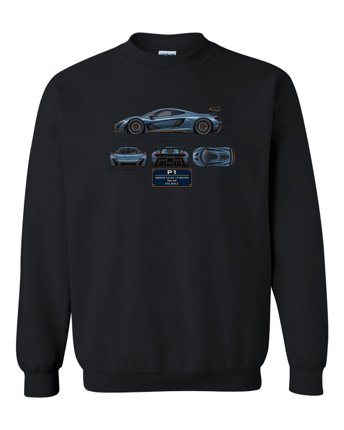 Steel blue dimension blueprint print of a McLaren P1, M838TQ V8 plus e-motor black crewneck front view with the design
