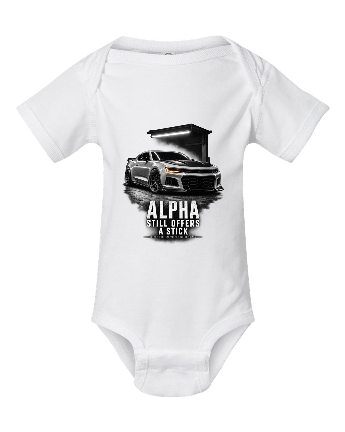 Garage-night print of a 2018 Chevrolet Camaro SS 1LE sixth-gen front three-quarter with Alpha text white baby onesie front view with the design