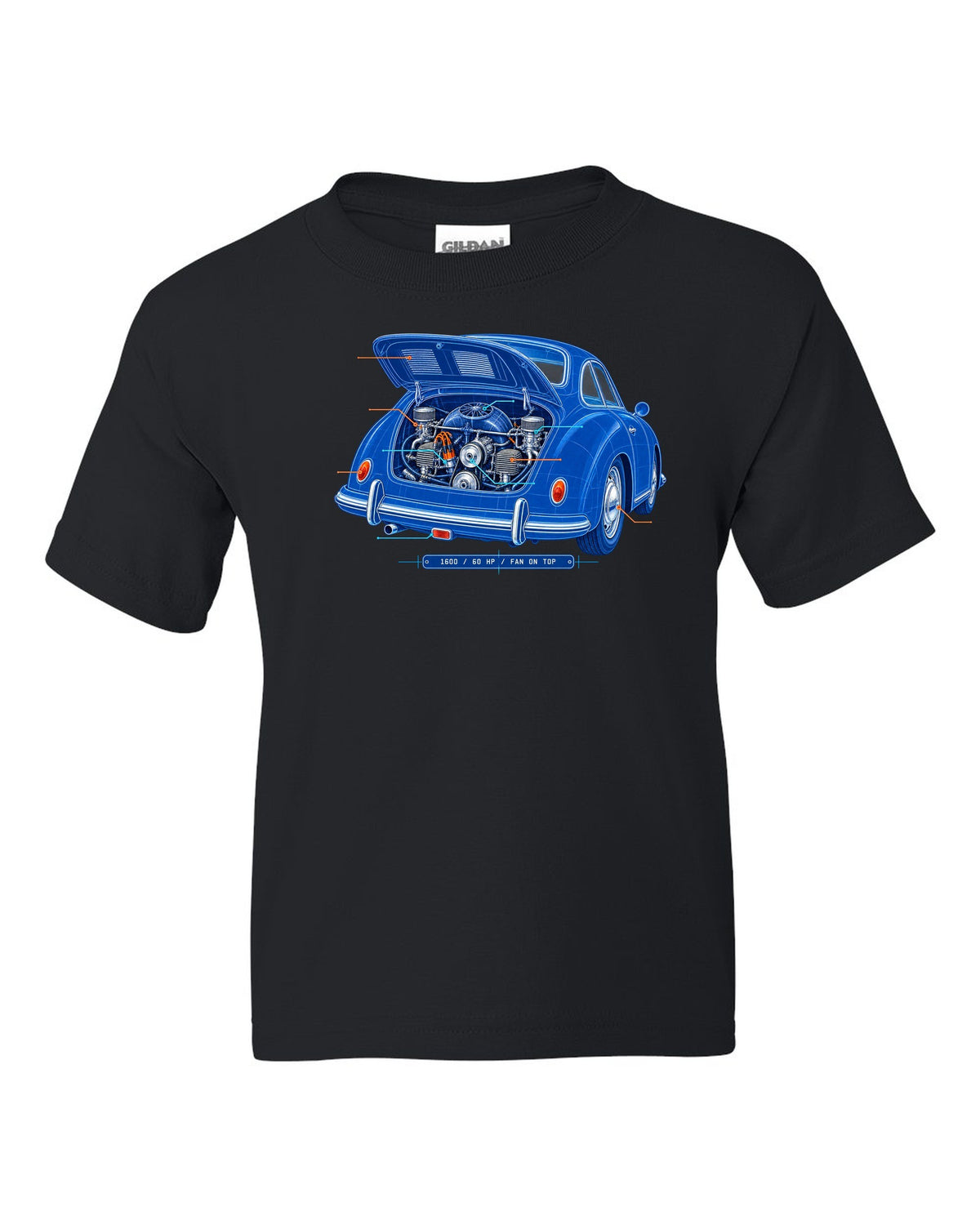 Linocut print of a 1978 Porsche 911 SC Targa in a night garage with the text SC Targa, 180 PS and 3.0 black kids tee front view with the design