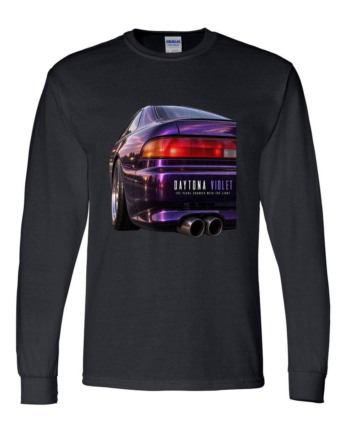 BMW E36 M3 coupe taillight macro print with Daytona Violet pearl paint text black long sleeve front view with the design