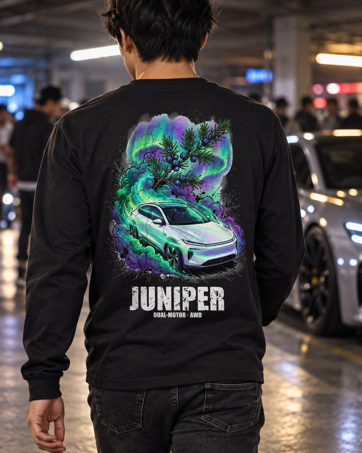 Tesla Model Y Juniper Long Sleeve T-Shirt worn hero