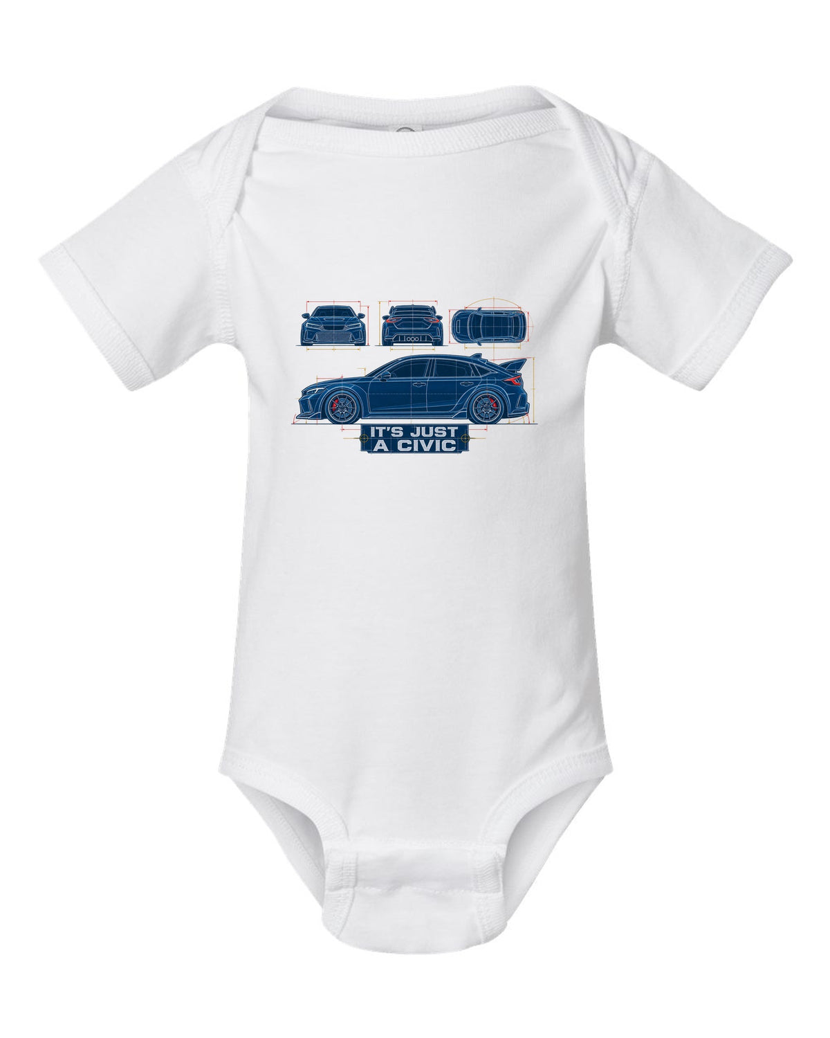 Cyanotype blueprint print of a 2023 Honda Civic FL5 ch with it's just a Civic text white baby onesie front view with the design