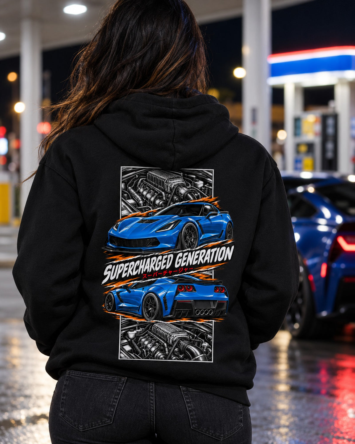Corvette C7 Z06 Torn Poster Full-Back Graphic Tee Pull Over Hoodie Black worn hero