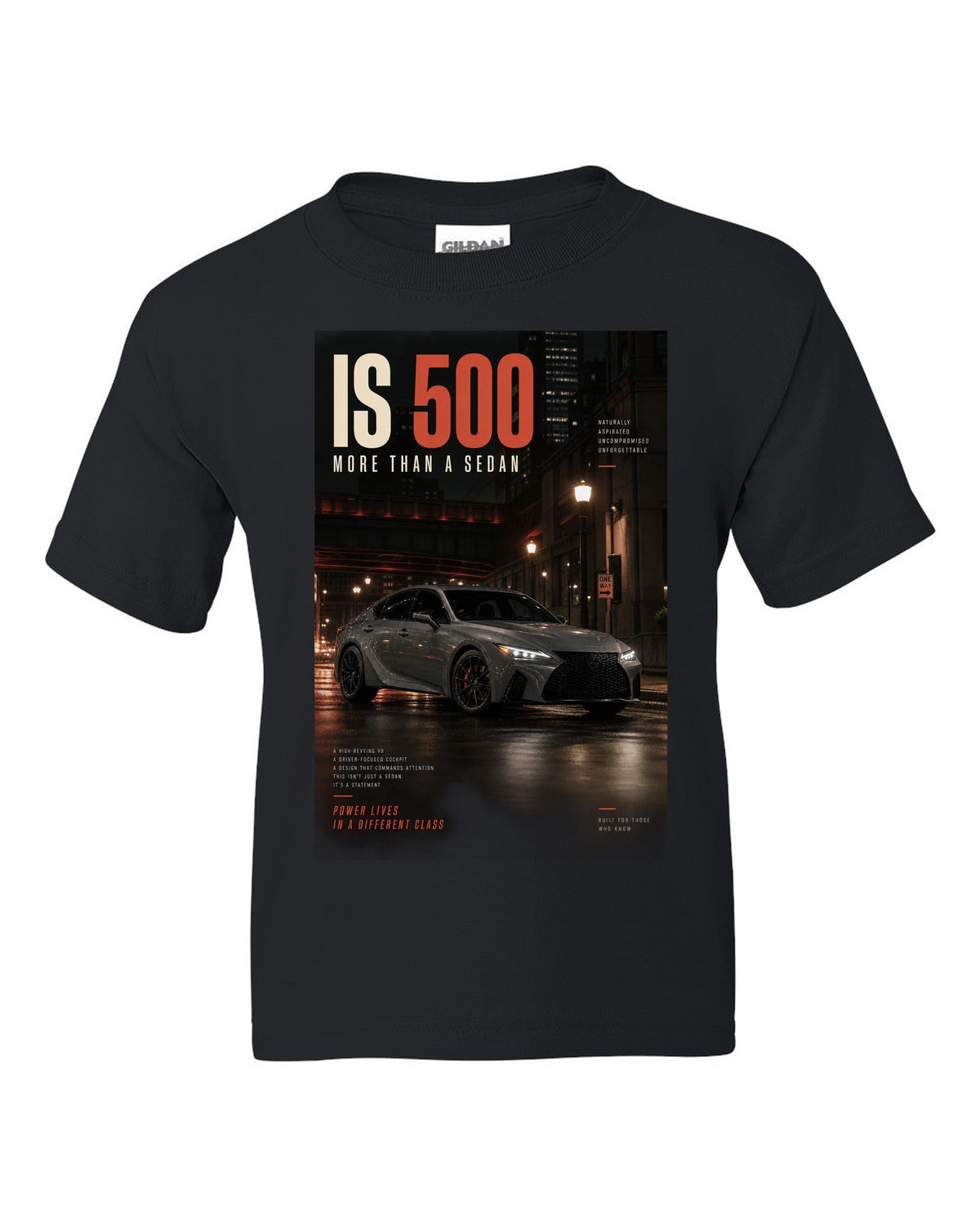 Halftone print of the Lexus IS 500 with 5.0 V8 text black kids tee front view with the design