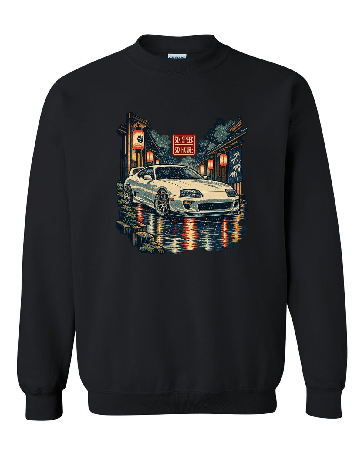 Ukiyo-e woodblock scene of a Toyota Supra A80 JZA80 in lantern rain with six speed six figures text black crewneck front view with the design