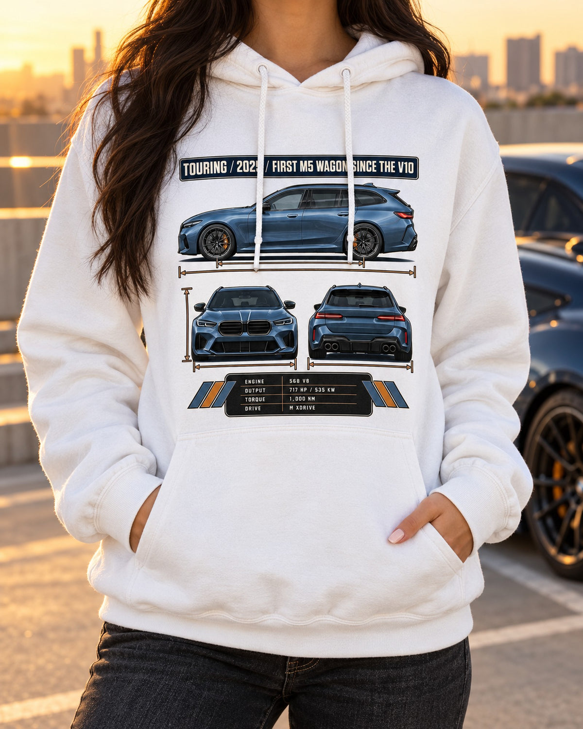 BMW M5 G90 Touring Three-View Tee, First M5 Wagon Since V10 Pull Over Hoodie White worn hero