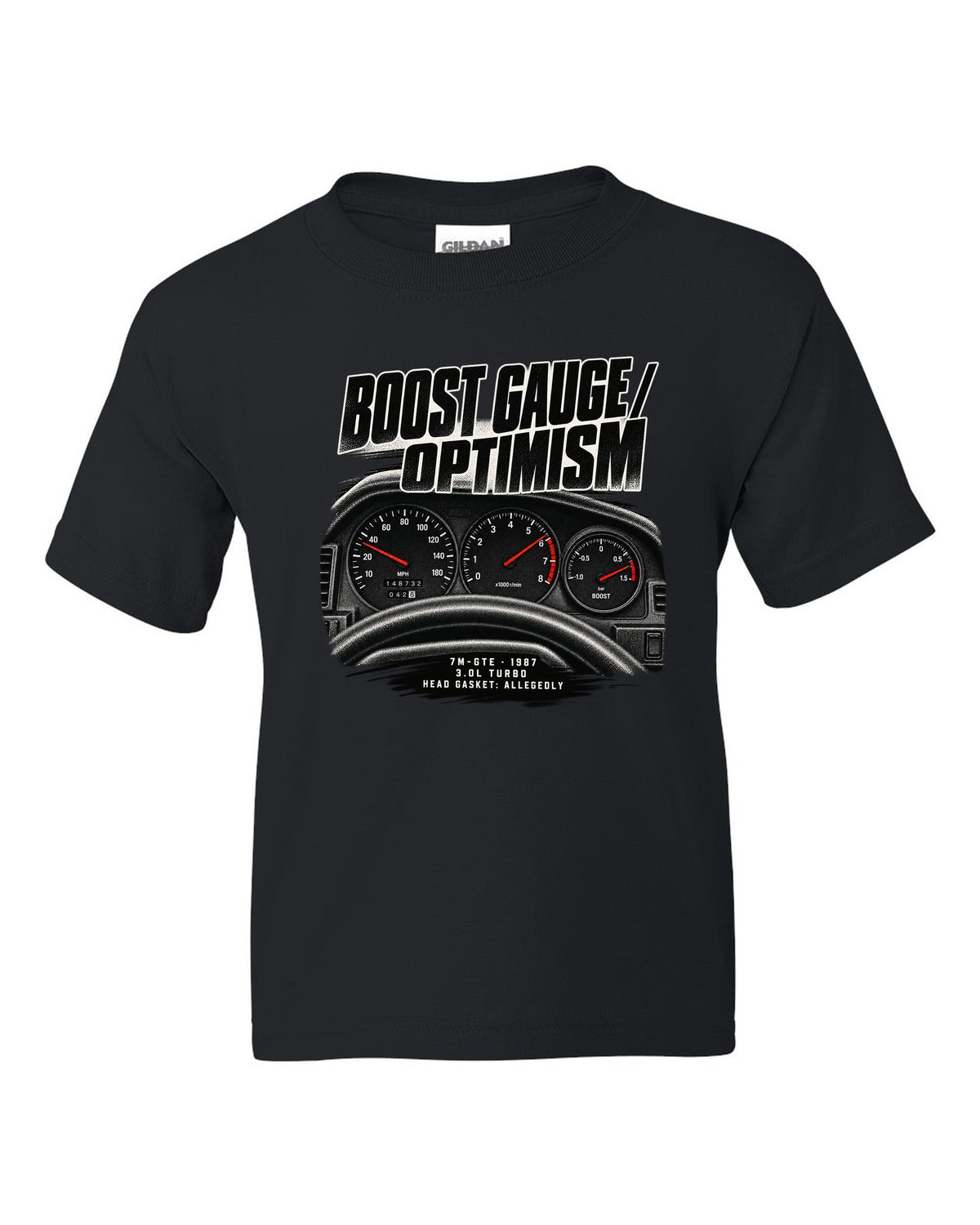 Cockpit gauge print for a Toyota Supra A70 MA70 with the text Boost Gauge Optimism 7M-GTE 1987 black kids tee front view with the design
