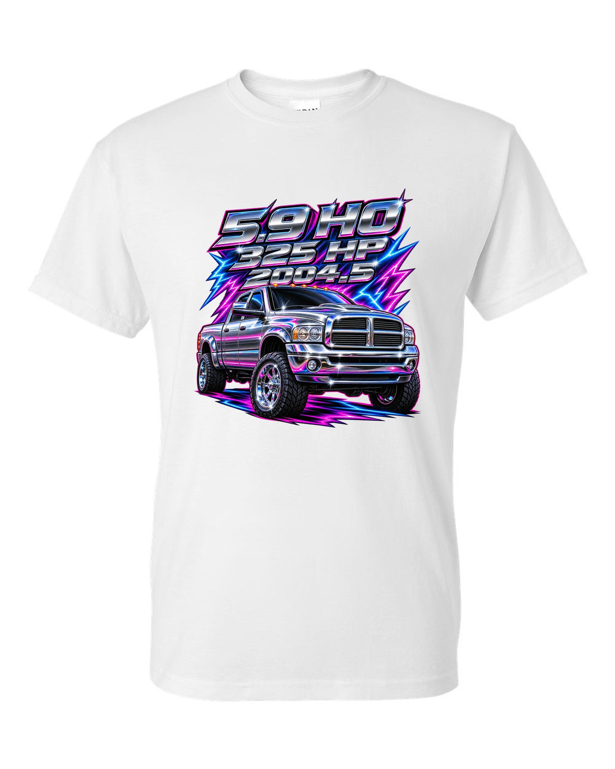 80s chrome airbrush print of a 2003-2009 Dodge Ram 2500 Cummins with 5.9 HO 325 HP 2004.5 text white t-shirt front view with the design