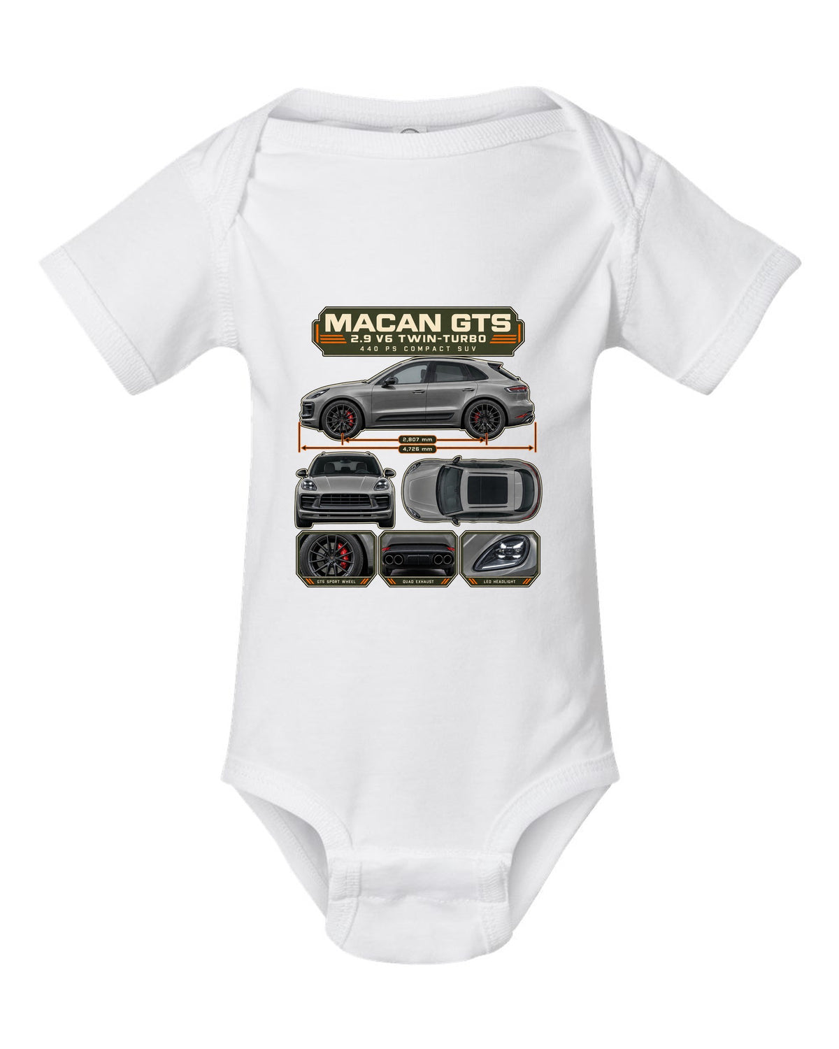 Porsche Macan GTS 95B Dossier Tee, 2.9 V6 Twin-Turbo white baby onesie front view with the design